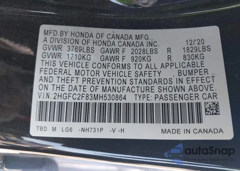 2021 Honda Civic Sport from USA, damaged, VIN 2HGFC2F83MH530864